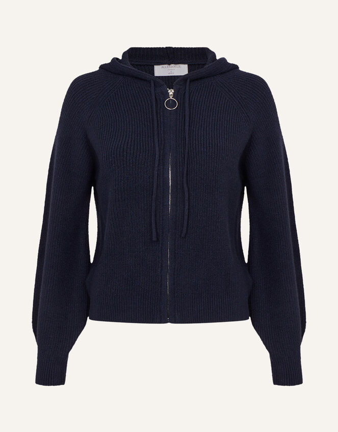 Zip Ribbed Knit Hoodie, Blue (NAVY), large