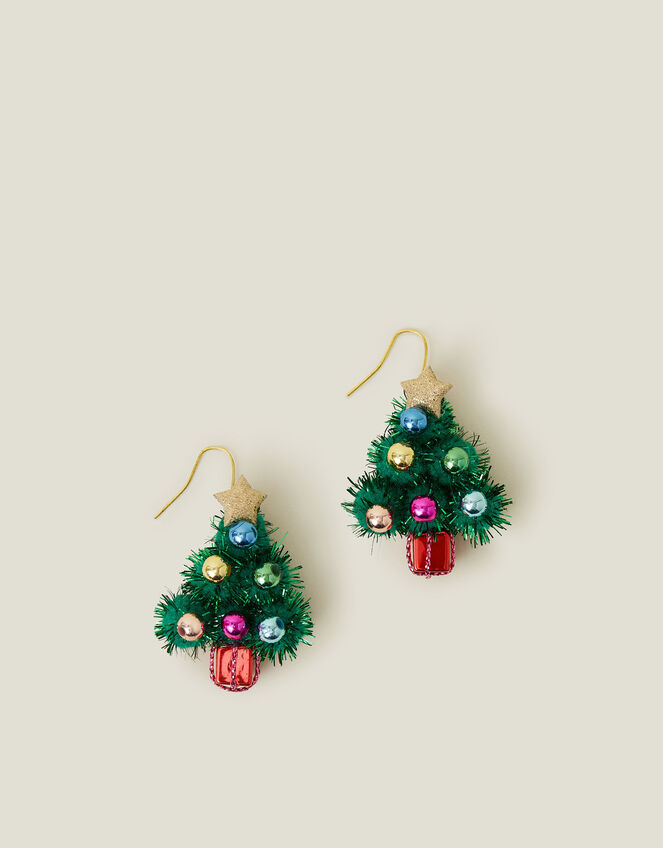 Pom Pom Christmas Tree Earrings, Green (GREEN), large