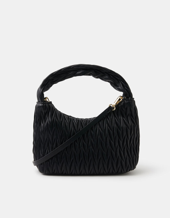 Ruched Faux Leather Handbag, Black (BLACK), large