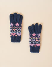 Girls Star Fair Isle Knit Gloves, Blue (NAVY), large