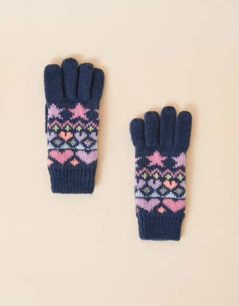 Girls Star Fairisle Knit Gloves Blue, Blue (NAVY), large