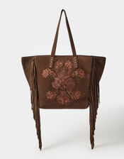 Embroidered Fringe Suede Tote Bag, , large