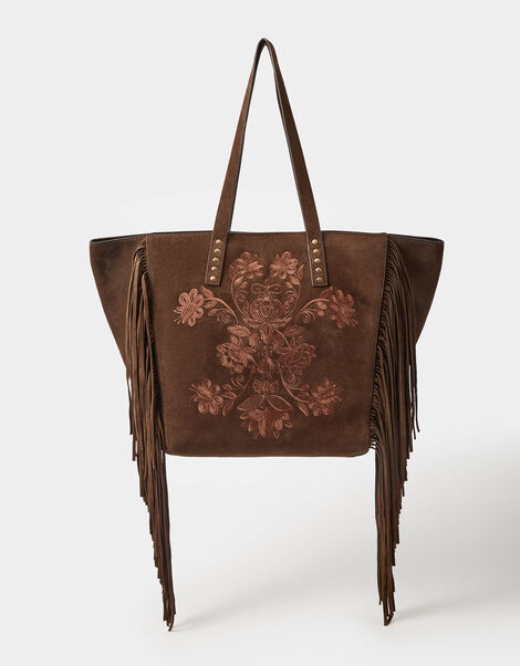 Embroidered Fringe Suede Tote Bag, , large