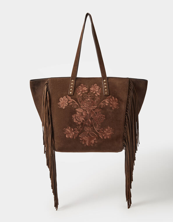 Embroidered Fringe Suede Tote Bag, , large
