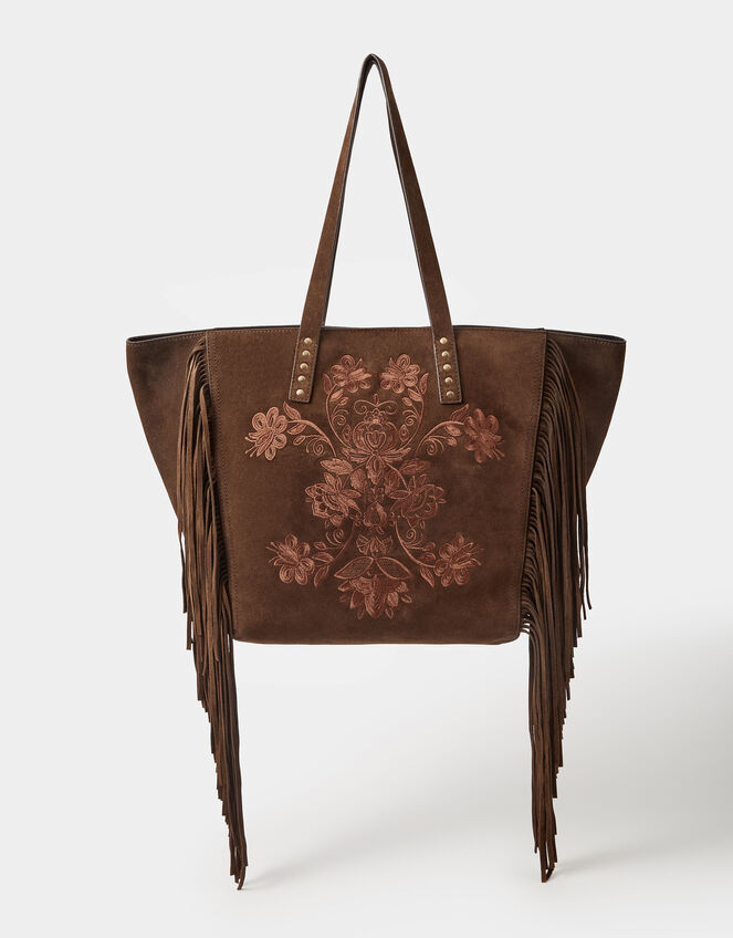 Embroidered Fringe Suede Tote Bag, , large