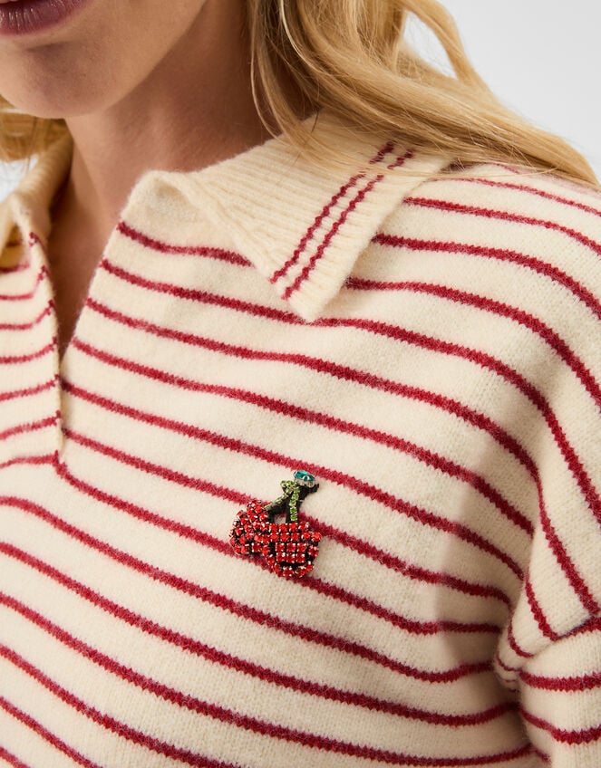 Cherry Stripe Polo Neck Jumper, Cream (CREAM), large