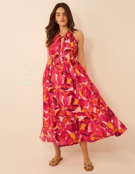 Halter Neck Floral Print Midi Dress, Multi (BRIGHTS MULTI), large