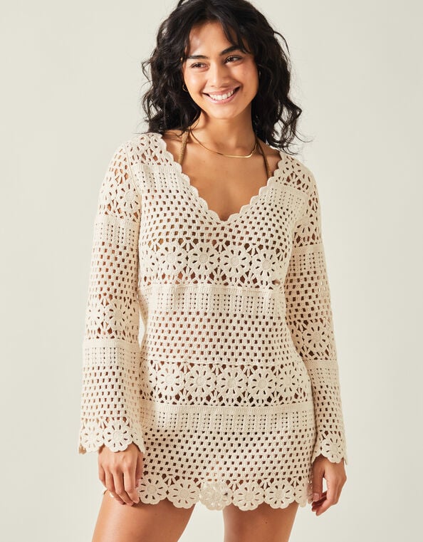 Crochet Long Sleeve Cover Up, Natural (NATURAL), large