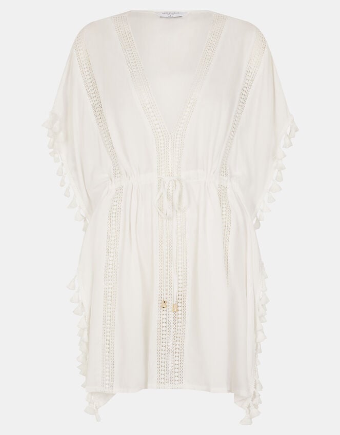 Tassel Trim Mini Kaftan, White (WHITE), large