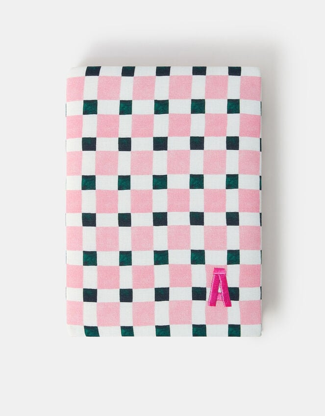 Checkerboard Embroidered Initial Notebook, Pink (PINK), large