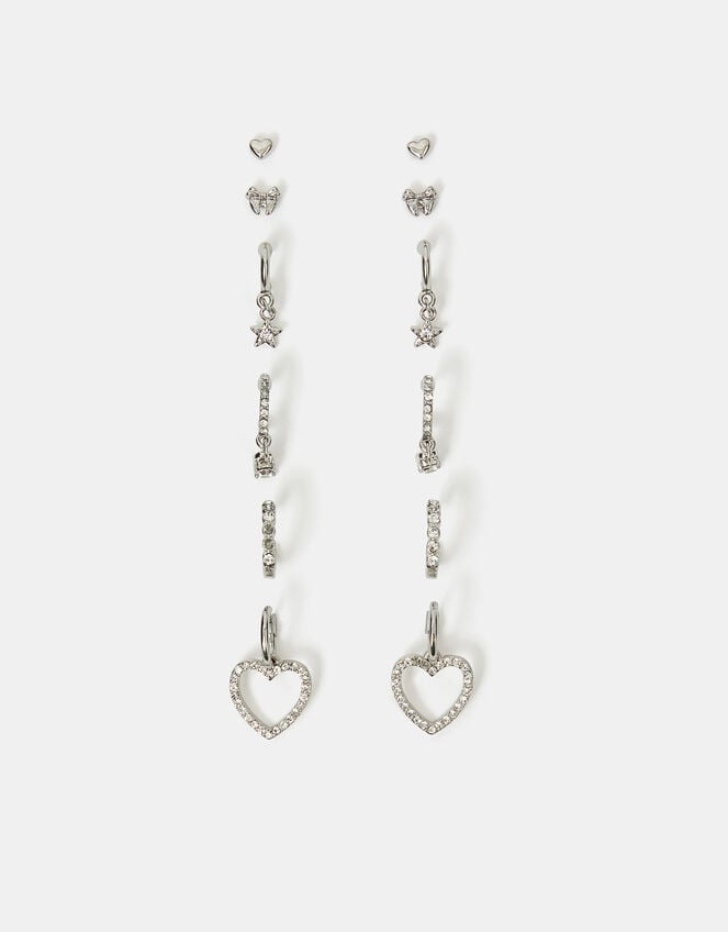 6-Pack Pavé Heart Stud and Hoop Earrings Silver, , large