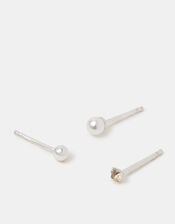 3-Pack Sterling Silver-Plated Pearl Mix Stud Earrings, , large