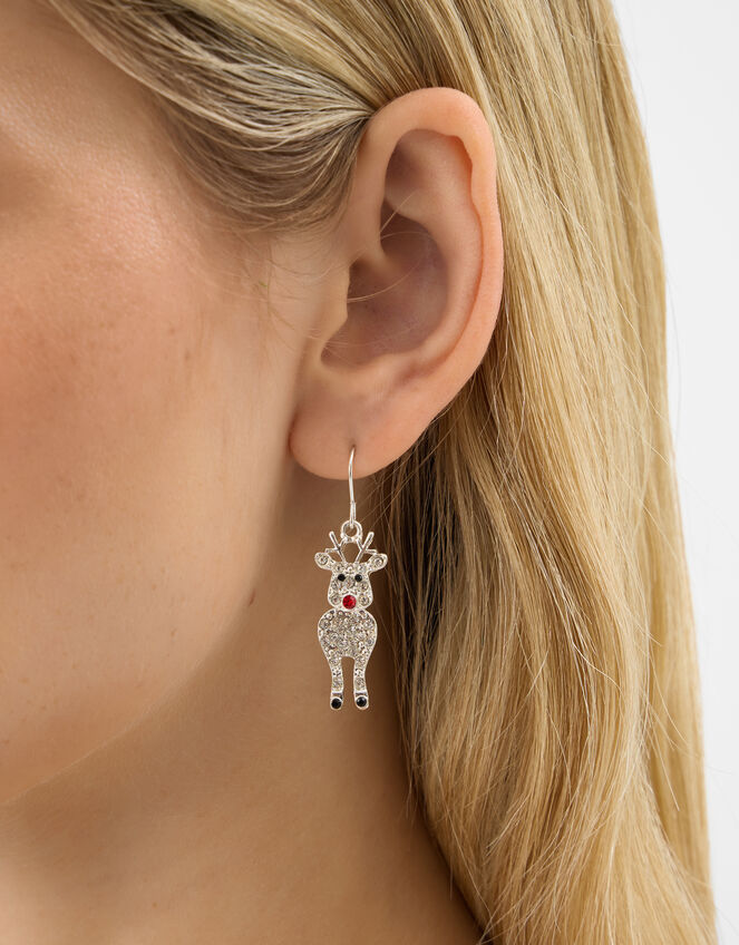 Diamanté Reindeer Drop Earrings, , large
