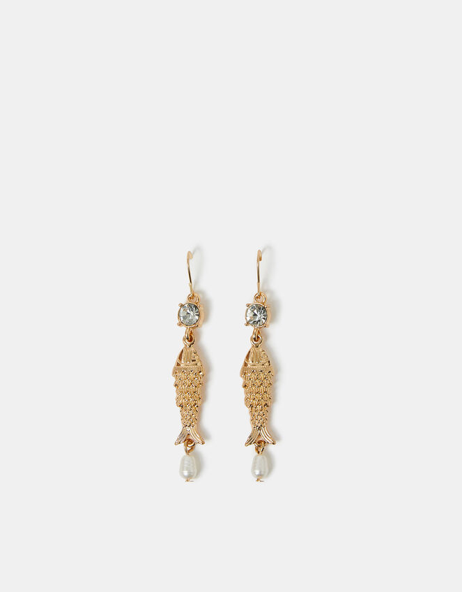 Pearl Fish Drop Earrings Gold, , large