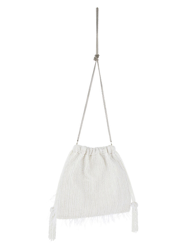 Bead and Feather Bridal Pouch Bag, , large