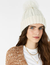 Chunky Knit Pom-Pom Beanie, Cream (CREAM), large