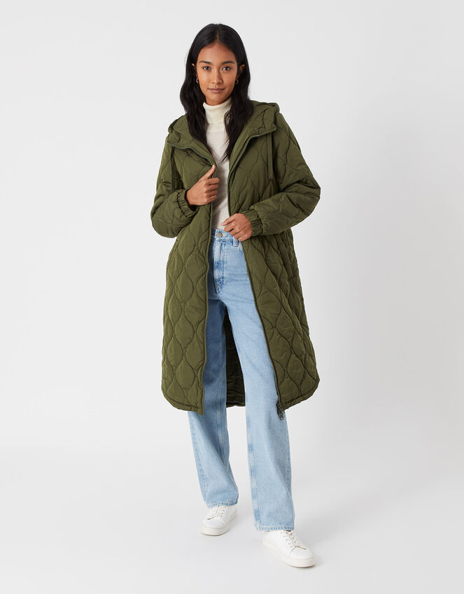 Long Diamond Puffer Coat, Green (KHAKI), large