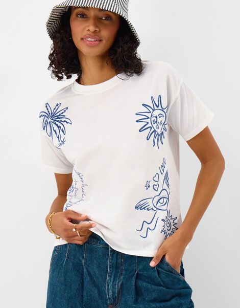 Sun Embroidered T-Shirt, White (WHITE), large