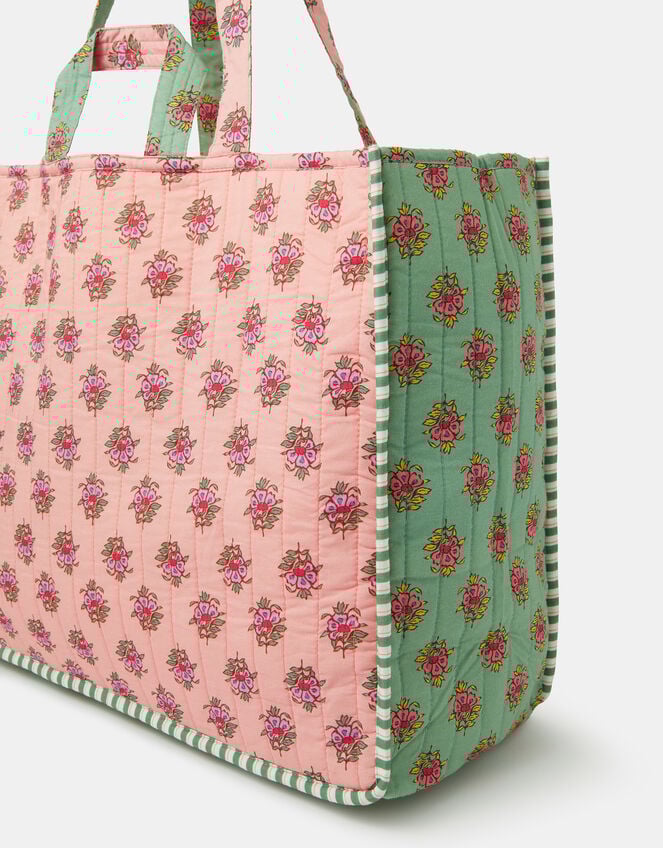 Floral Block Print Quilted Shopper Bag, , large