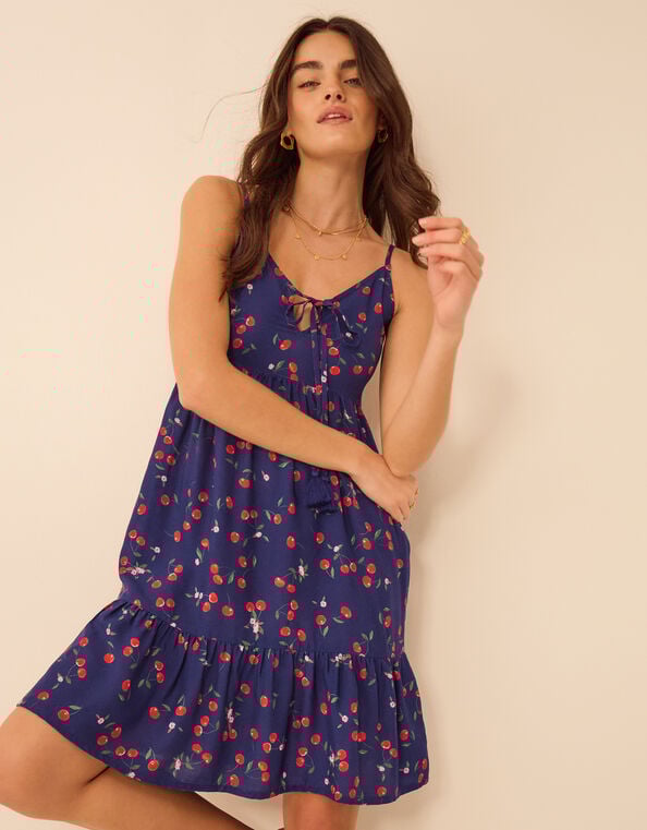 Cherry Print Tassel Tie Mini Dress, Blue (NAVY), large