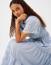 Smocked Cutwork Midi Dress, Blue (LIGHT BLUE), large