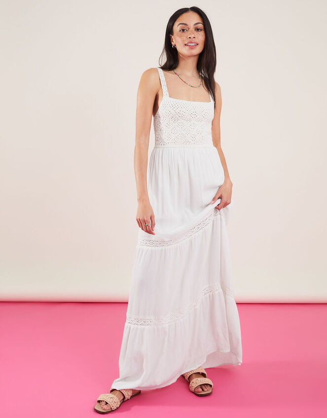 Crochet Bodice Tiered Maxi Dress, Ivory (IVORY), large