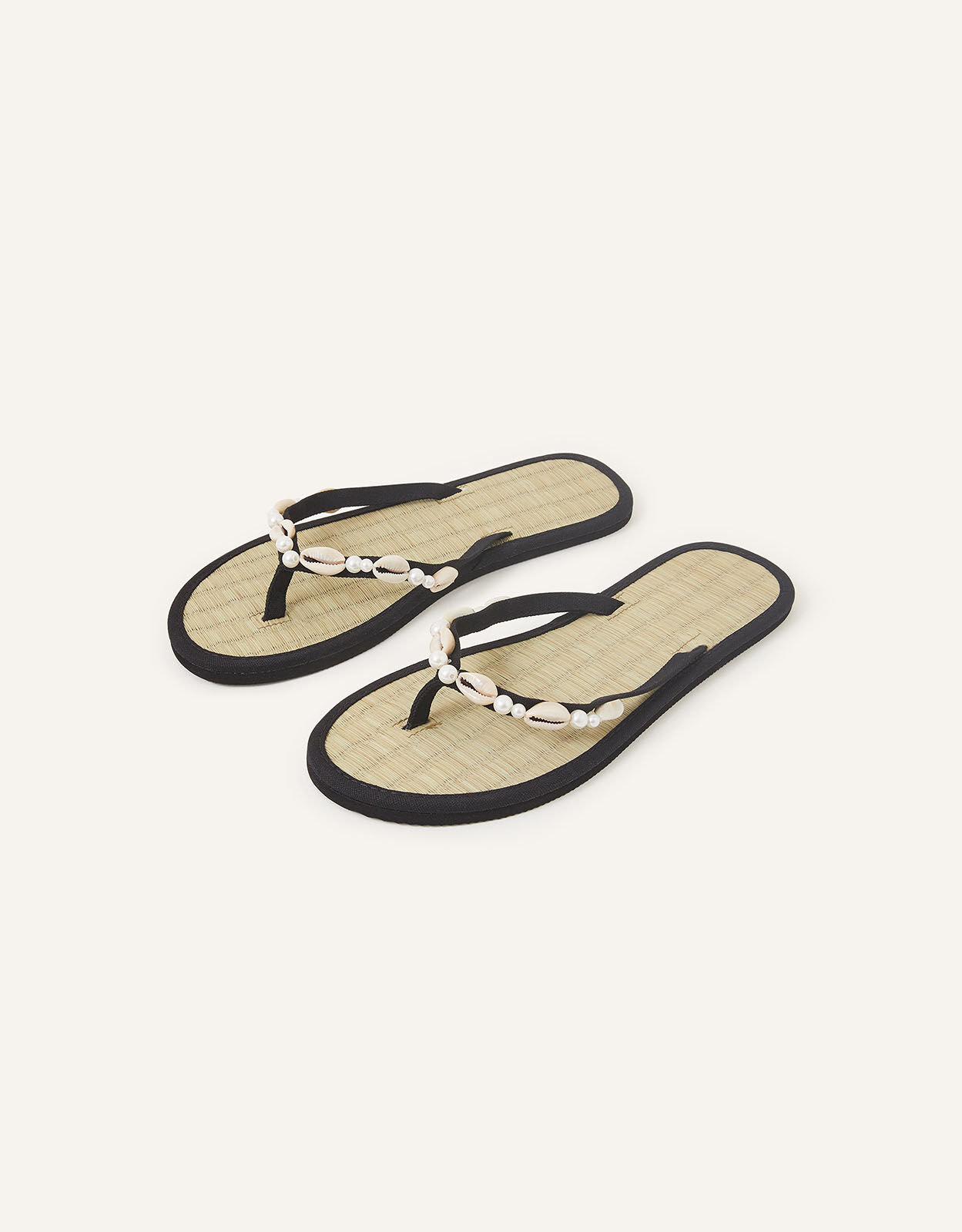 Pearly Bead and Shell Seagrass Flip Flops Black Flip flops