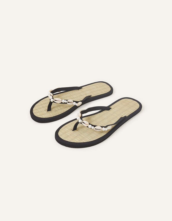Pearly Bead and Shell Seagrass Flip Flops, Black (BLACK), large