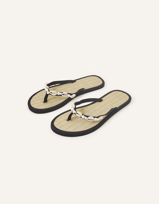 Pearly Bead and Shell Seagrass Flip Flops, Black (BLACK), large