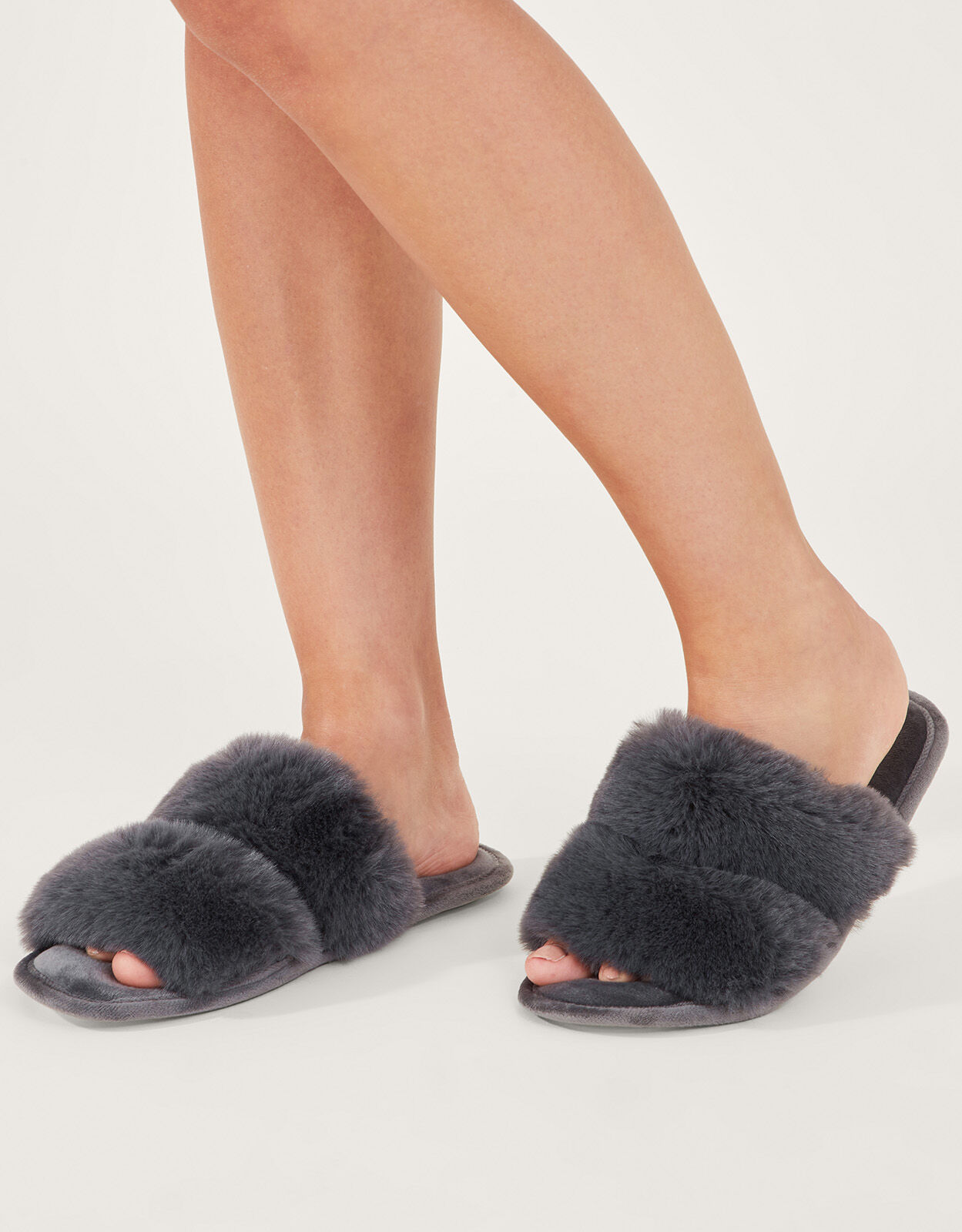 Faux Fur Double Band Sliders Grey Slippers Accessorize UK
