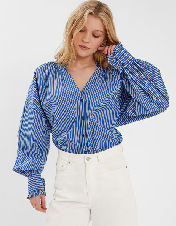 Stripe Frill Blouson Blouse, Blue (BLUE), large