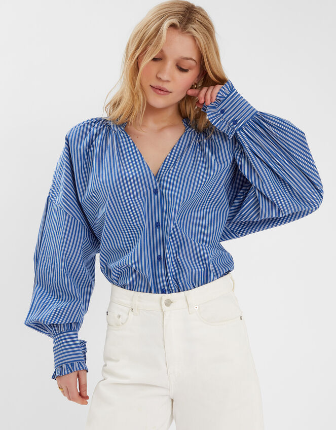 Stripe Frill Blouson Blouse, Blue (BLUE), large