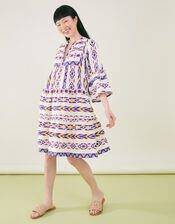 Printed Jacquard Flute Sleeve Dress, Yellow (YELLOW), large