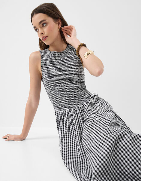 Gingham Print Drop Waist Maxi Dress, Black (BLACK WHITE), large