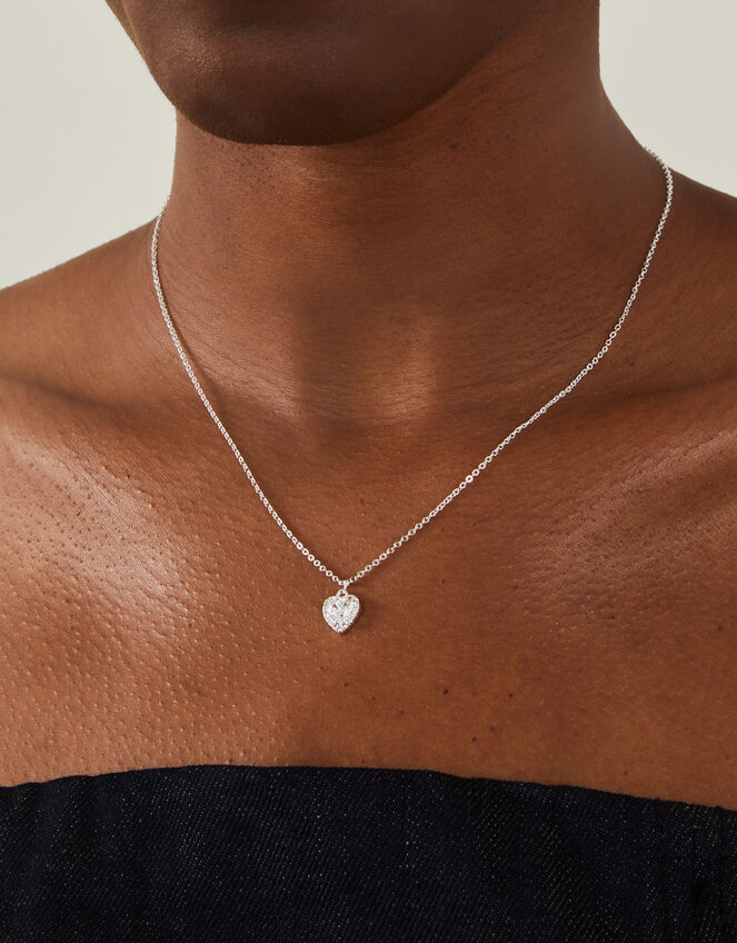 Sterling Silver-Plated Diamante Heart Pendant Necklace, , large