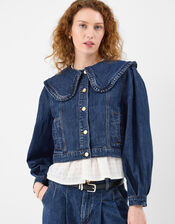 Frill Collar Denim Jacket, Blue (BLUE), large