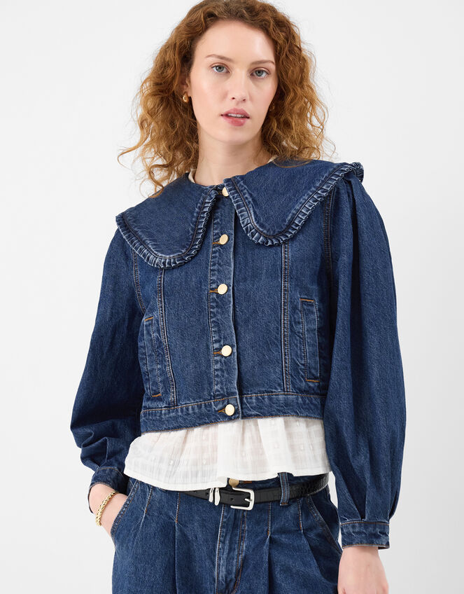 Frill Collar Denim Jacket, Blue (BLUE), large