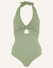 Rib Halter Bunny Tie Swimsuit, Green (KHAKI), large