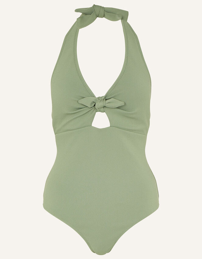 Rib Halter Bunny Tie Swimsuit, Green (KHAKI), large