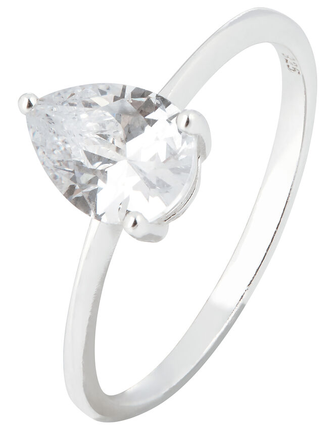 Sterling Silver Pear Solitaire Ring, St Crystal, large