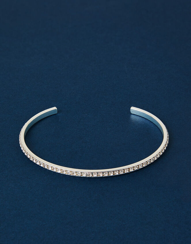Sterling Silver-Plated Diamante Bangle, , large