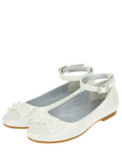 Satin-Look Bow Ballet Flats, Natural (IVORY), large