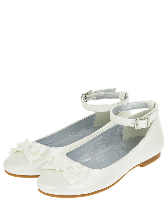 Satin-Look Bow Ballet Flats, Natural (IVORY), large