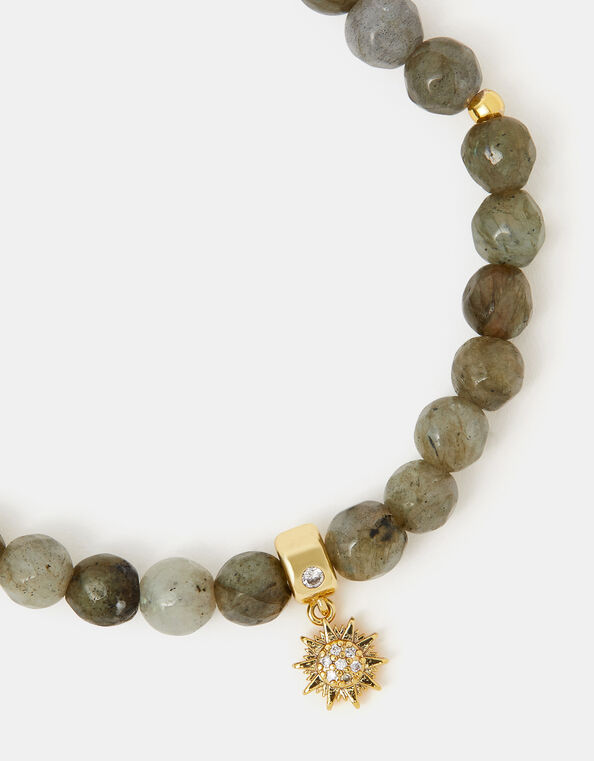 14ct Gold-Plated Healing Stone Bead Charm Bracelet, Grey (GREY), large