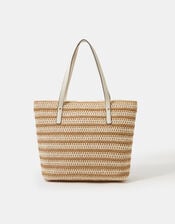 Stripe Raffia Shoulder Bag, Natural (NATURAL), large