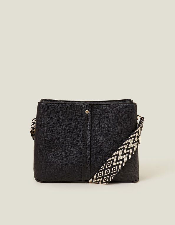 Faux Leather Webbing Strap Crossbody Bag, Black (BLACK), large