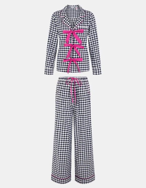 Bow Gingham Long Pyjamas Set, Blue (NAVY), large