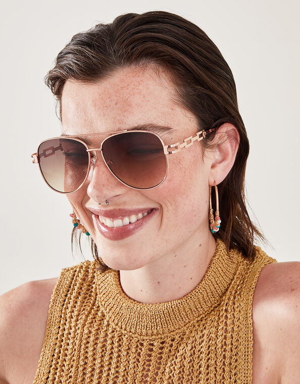 Chain Detail Aviator Sunglasses, , large