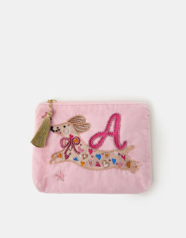 Girls Embroidered Sausage Dog Initial Velvet Pouch, Pink (PINK), large