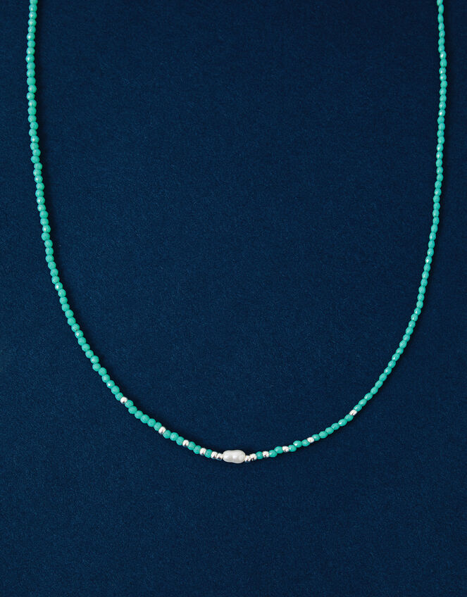 Sterling Silver-Plated Pearl Beaded Necklace, Green (GREEN), large